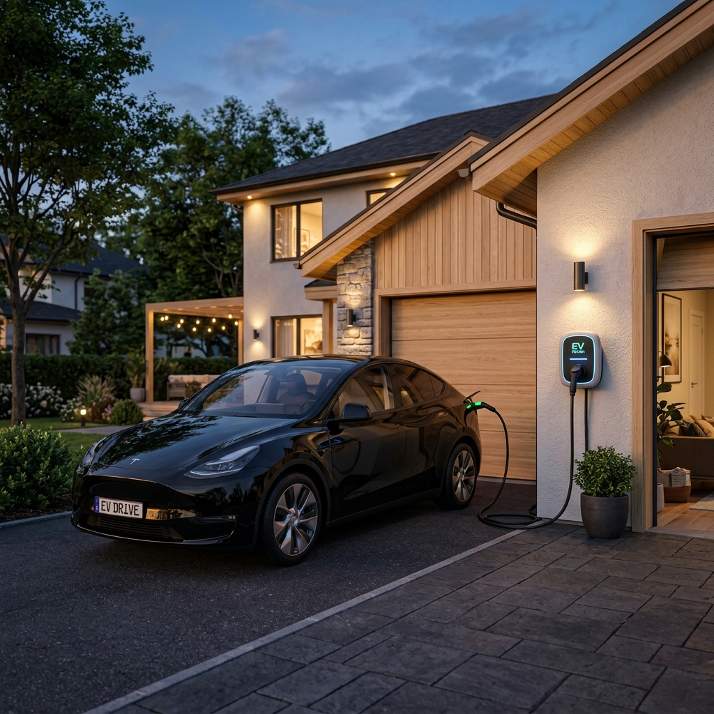 Residential home charger installed on a modern garage wall